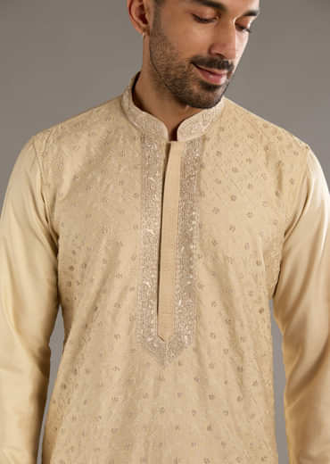 Beige Banarasi Silk Kurta Set For Men With Pure Hand Embroidery