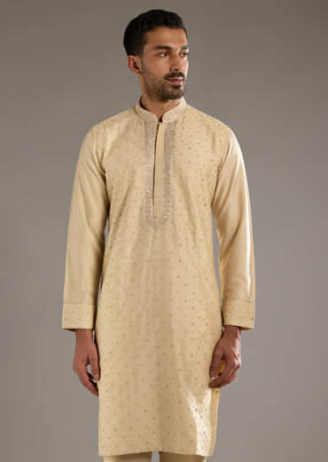 Beige Banarasi Silk Kurta Set For Men With Pure Hand Embroidery