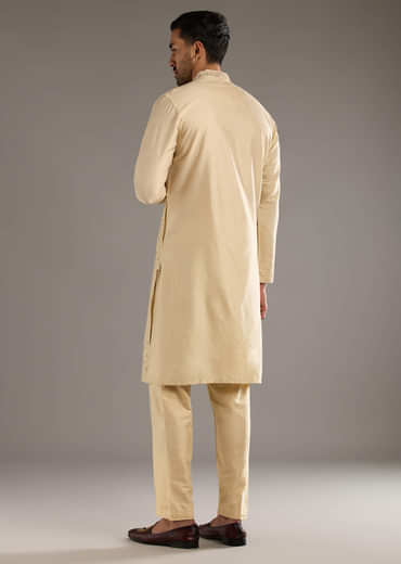 Beige Banarasi Silk Kurta Set For Men With Pure Hand Embroidery