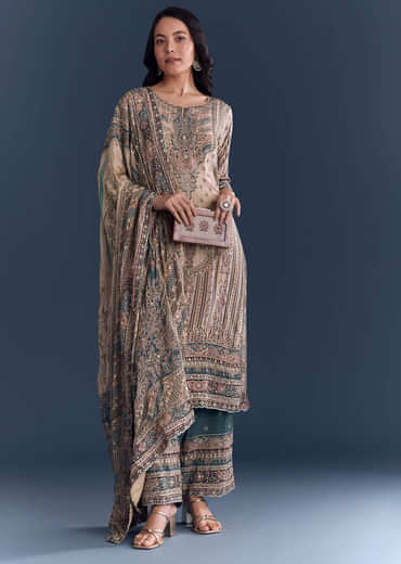 Beige Blue Ombre Crepe Kurta Set With Indie Print And Zari Work