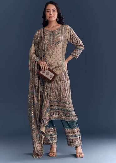 Beige Blue Ombre Crepe Kurta Set With Indie Print And Zari Work