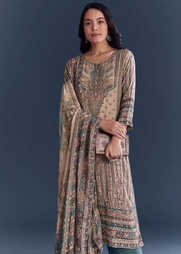 Beige Blue Ombre Crepe Kurta Set With Indie Print And Zari Work