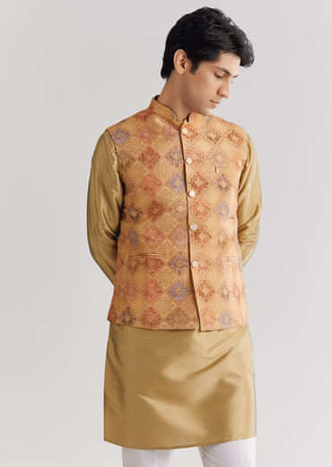Beige Brocade Jacket Kurta Set