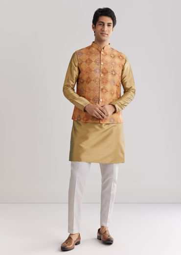 Beige Brocade Jacket Kurta Set