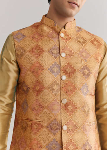 Beige Brocade Jacket Kurta Set