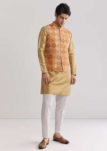 Beige Brocade Jacket Kurta Set