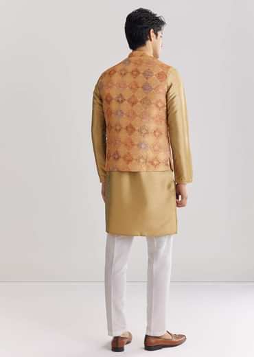Beige Brocade Jacket Kurta Set