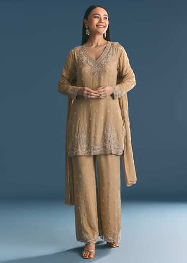 Beige Chinon Kurta Palazzo Suit With Sequins Thread Work