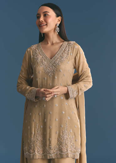 Beige Chinon Kurta Palazzo Suit With Sequins Thread Work
