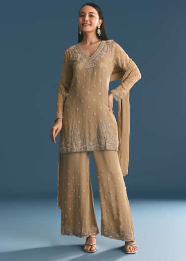 Beige Chinon Kurta Palazzo Suit With Sequins Thread Work