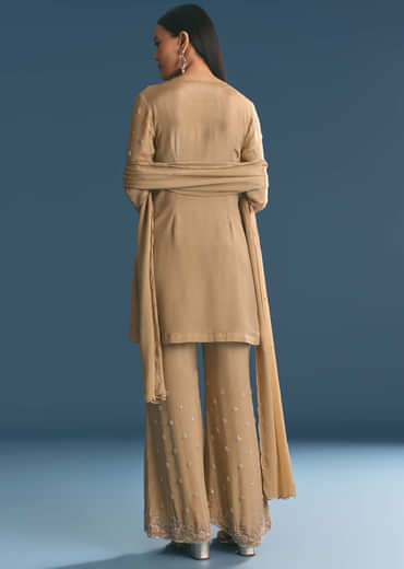 Beige Chinon Kurta Palazzo Suit With Sequins Thread Work