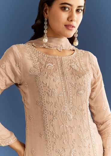 Beige Chinon Kurta Sharara Set With Cut Dana Sequins Work