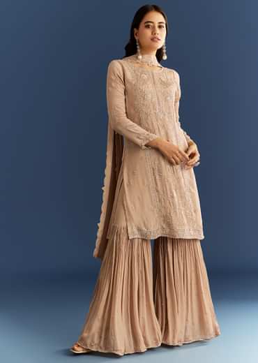 Beige Chinon Kurta Sharara Set With Cut Dana Sequins Work