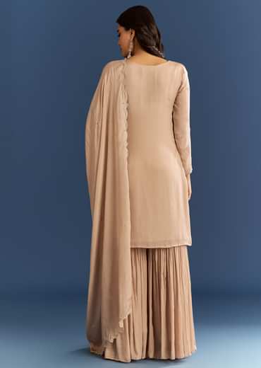 Beige Chinon Kurta Sharara Set With Cut Dana Sequins Work