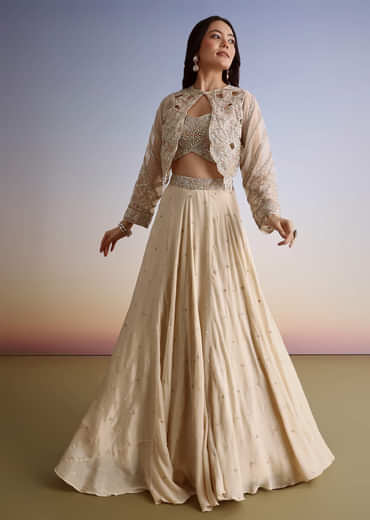 Beige Chinon Lehenga Jacket Set With Beads And Cutdana Work