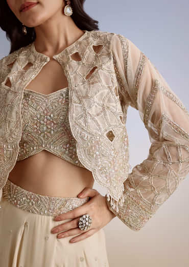 Beige Chinon Lehenga Jacket Set With Beads And Cutdana Work