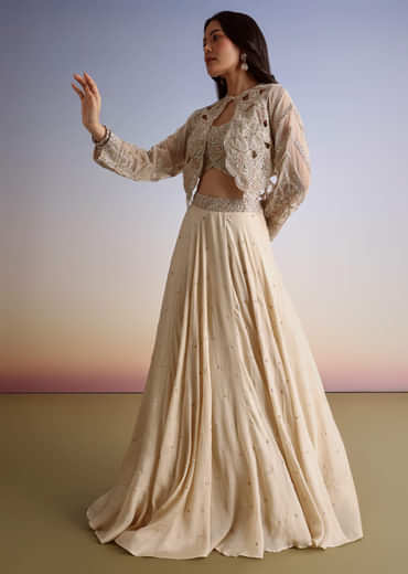 Beige Chinon Lehenga Jacket Set With Beads And Cutdana Work