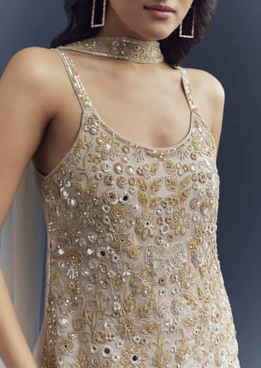 Beige Chinon Palazzo Suit With Intricate Hand Embroidery