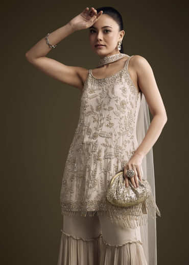 Beige Chinon Sharara Suit With Sequins And Moti Work