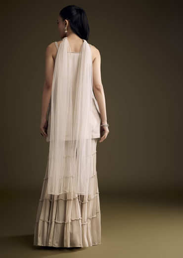 Beige Chinon Sharara Suit With Sequins And Moti Work