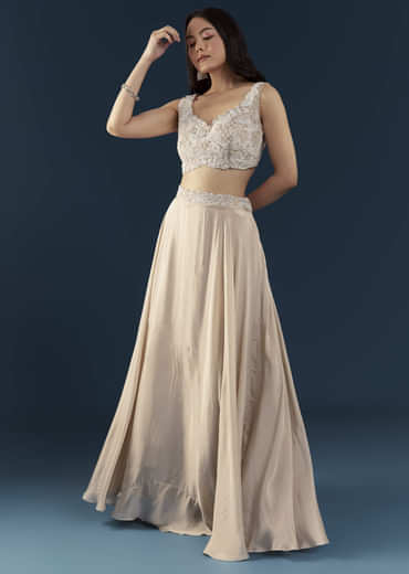 Beige Chinon Silk Crop Top Palazzo Set with Cape