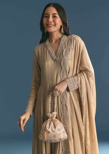 Beige Chinon Zardosi Work Anarkali Suit With Embroidered Dupatta