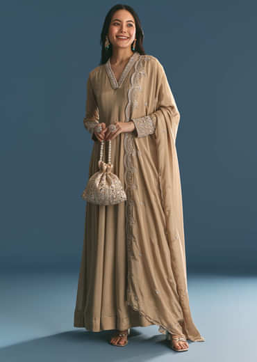 Beige Chinon Zardosi Work Anarkali Suit With Embroidered Dupatta