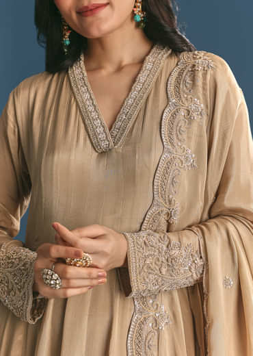 Beige Chinon Zardosi Work Anarkali Suit With Embroidered Dupatta