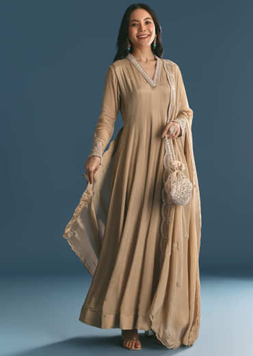 Beige Chinon Zardosi Work Anarkali Suit With Embroidered Dupatta
