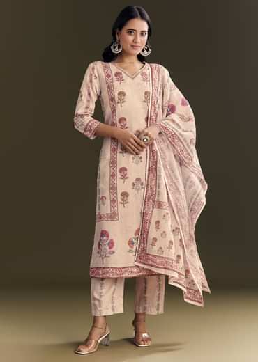 Beige Cotton Block Print Kurta Set With Printed Dupatta
