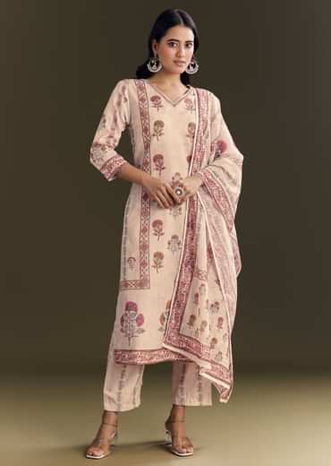 Beige Cotton Block Print Kurta Set With Printed Dupatta