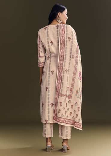 Beige Cotton Block Print Kurta Set With Printed Dupatta