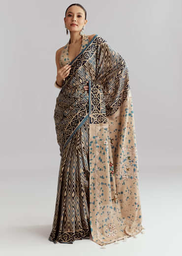 Beige Cotton Linen Saree With Hand Block Print And Kantha Work