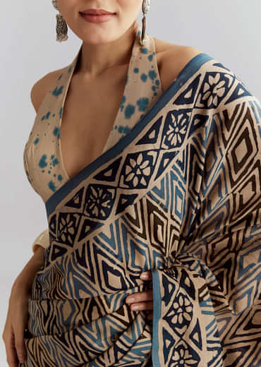 Beige Cotton Linen Saree With Hand Block Print And Kantha Work