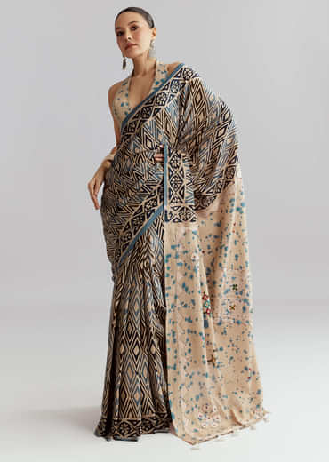 Beige Cotton Linen Saree With Hand Block Print And Kantha Work