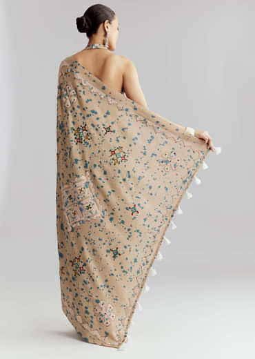 Beige Cotton Linen Saree With Hand Block Print And Kantha Work