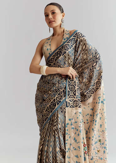 Beige Cotton Linen Saree With Hand Block Print And Kantha Work