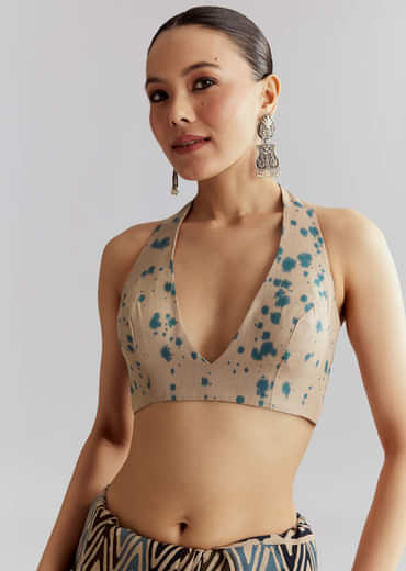 Beige Cotton Linen Saree With Hand Block Print And Kantha Work