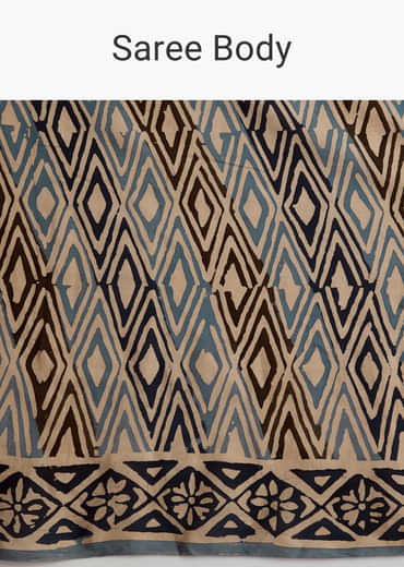 Beige Cotton Linen Saree With Hand Block Print And Kantha Work