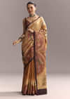 Beige Cotton Saree With Hand Painted Motifs And Brown Border