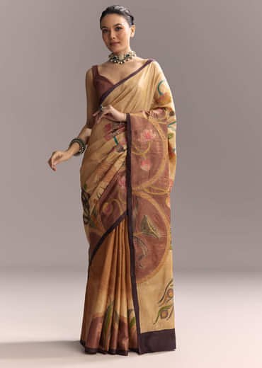 Beige Cotton Saree With Hand Painted Motifs And Brown Border