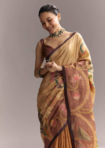 Beige Cotton Saree With Hand Painted Motifs And Brown Border