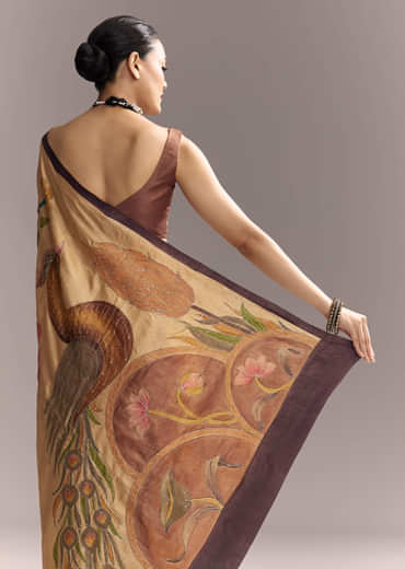 Beige Cotton Saree With Hand Painted Motifs And Brown Border
