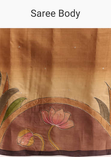 Beige Cotton Saree With Hand Painted Motifs And Brown Border