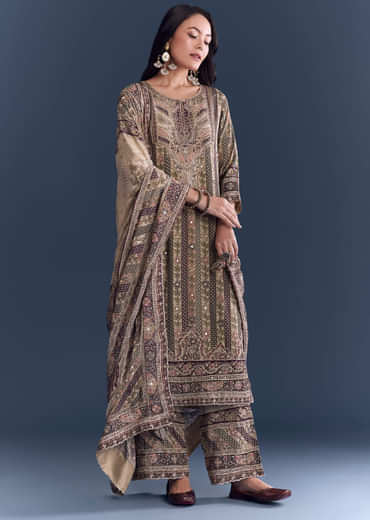 Beige Crepe Kurta Set With Floral Print And Zari Embroidery