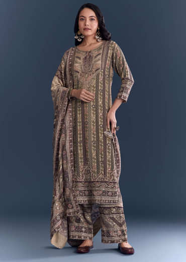 Beige Crepe Kurta Set With Floral Print And Zari Embroidery