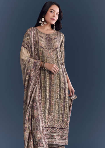 Beige Crepe Kurta Set With Floral Print And Zari Embroidery