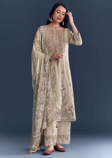 Beige Crepe Kurta Set With Floral Print And Zari Work