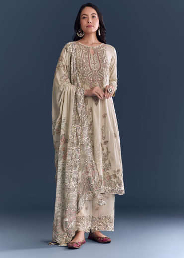 Beige Crepe Kurta Set With Floral Print And Zari Work
