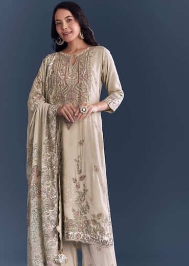 Beige Crepe Kurta Set With Floral Print And Zari Work